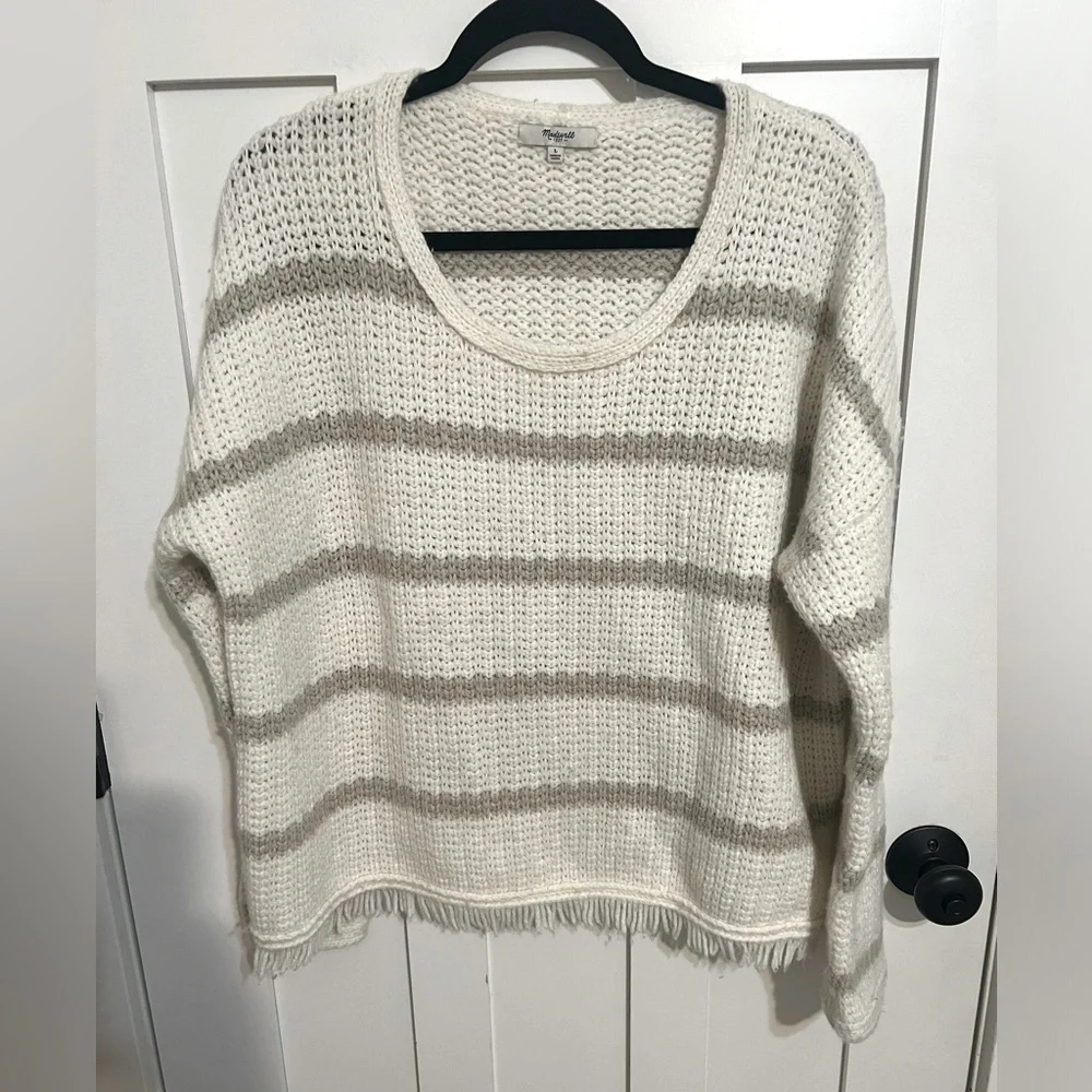 Madewell Ester Fringe Stripe Sweater Cream Size Large Marino Wool Blend